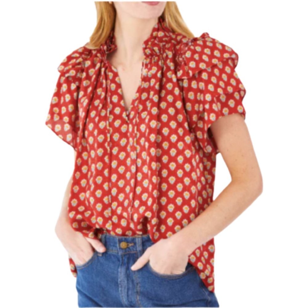 Hunter Bell Millie Blouse Top Shirt Womens XL Orange Flutter Sleeve Autumn Bloom